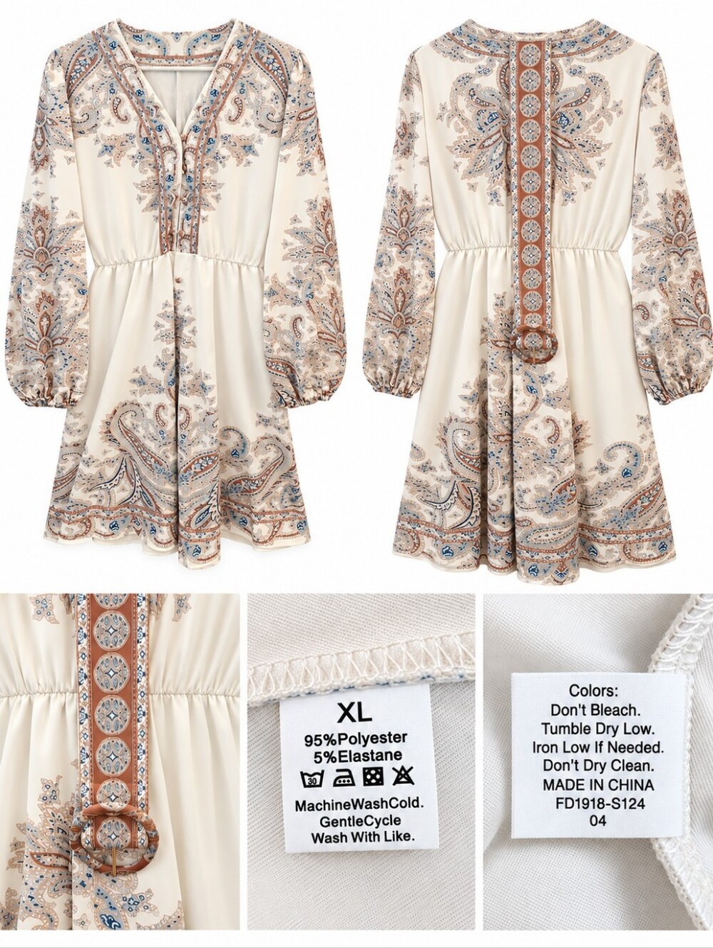 Cream Paisley Long Sleeve Dress